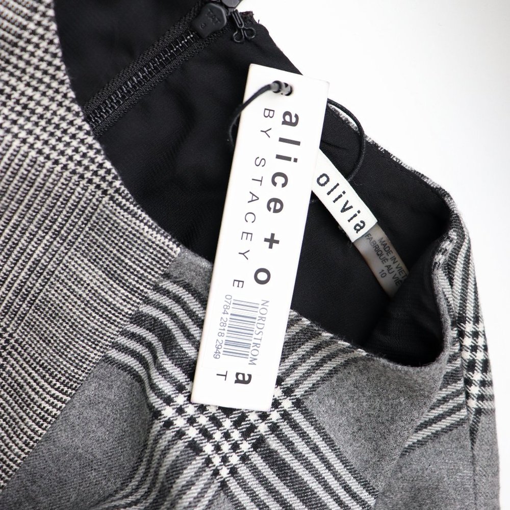 NWT Alice + Olivia Coley Plaid Dress Contrast Print Short Sleeve Black White 10 - Picture 6 of 9